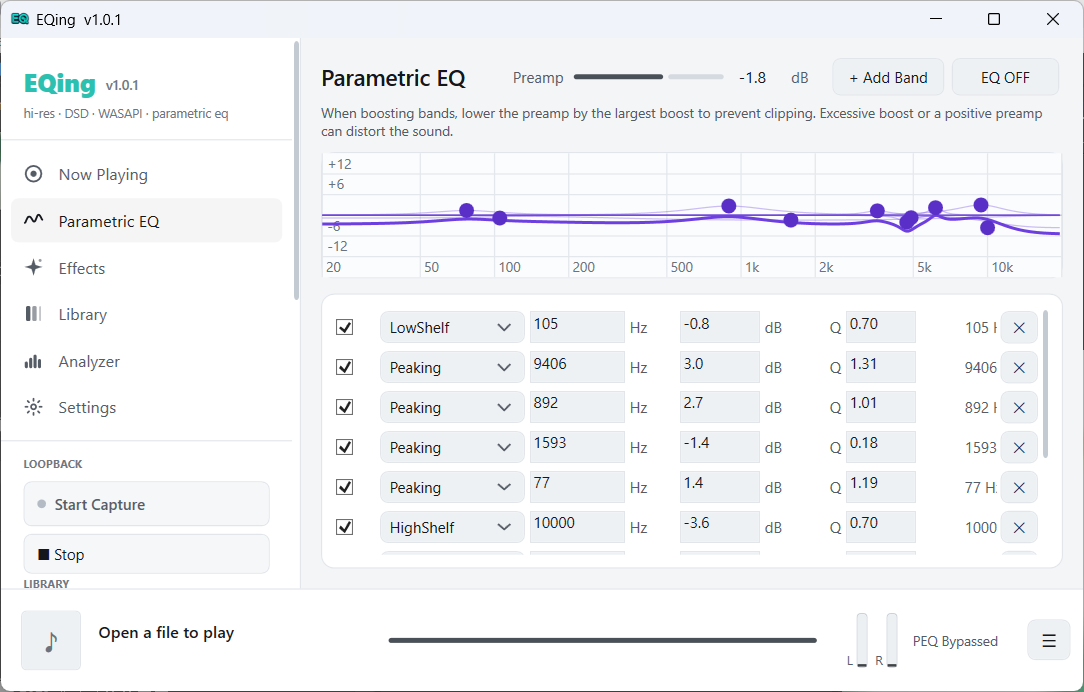 Preview of the English parametric EQ screen in EQing 1.0.2
